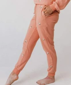 Vendor-unknown Bottoms Miley Flower Embroidered Sweatpants Salmon