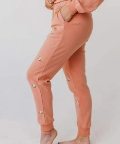Vendor-unknown Bottoms Miley Flower Embroidered Sweatpants Salmon