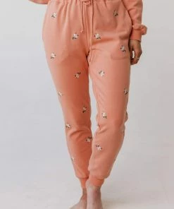 Vendor-unknown Bottoms Miley Flower Embroidered Sweatpants Salmon