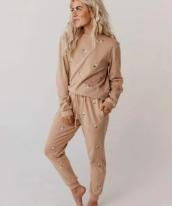 Vendor-unknown Bottoms Miley Flower Embroidered Sweatpants Taupe