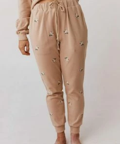 Vendor-unknown Bottoms Miley Flower Embroidered Sweatpants Taupe