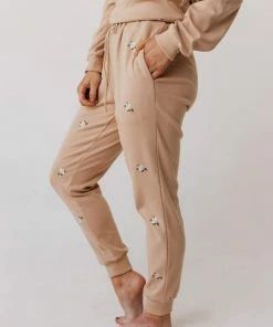 Vendor-unknown Bottoms Miley Flower Embroidered Sweatpants Taupe