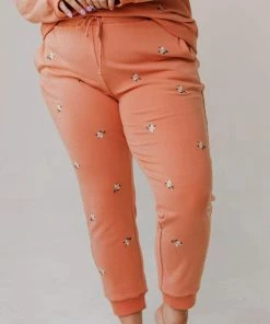 Vendor-unknown PLUS Miley Flower Embroidered Sweatpants Salmon