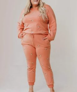 Vendor-unknown PLUS Miley Flower Embroidered Sweatpants Salmon