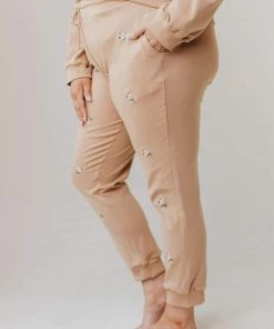 Vendor-unknown PLUS Miley Flower Embroidered Sweatpants Taupe Plus Size