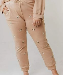 Vendor-unknown PLUS Miley Flower Embroidered Sweatpants Taupe Plus Size