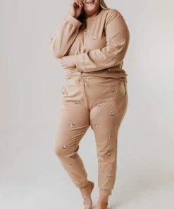 Vendor-unknown PLUS Miley Flower Embroidered Sweatpants Taupe Plus Size