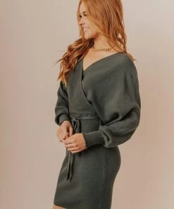 Vendor-unknown Blome V-Neck Sweater Mini Dress Olive Dresses
