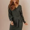 Vendor-unknown Blome V-Neck Sweater Mini Dress Olive Dresses