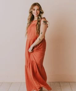 Etta Ruffle Sleeve Maxi Dress Brick Dresses