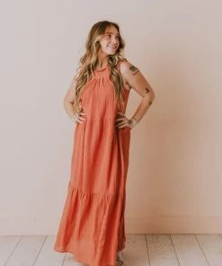 Etta Ruffle Sleeve Maxi Dress Brick Dresses