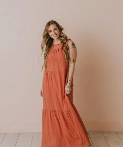 Etta Ruffle Sleeve Maxi Dress Brick Dresses