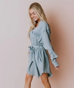 Vendor-unknown Lola Button Front Dress Grey Long Sleeved