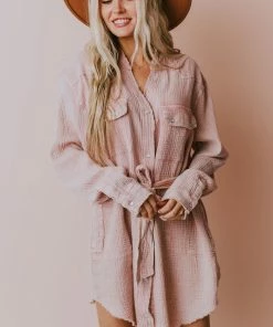 Vendor-unknown Lola Button Front Dress Mauve Long Sleeved