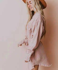 Vendor-unknown Lola Button Front Dress Mauve Long Sleeved