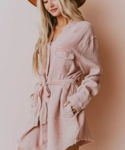 Vendor-unknown Lola Button Front Dress Mauve Long Sleeved