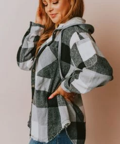 Vendor-unknown Tops Luletta Flannel Hooded Shacket Black