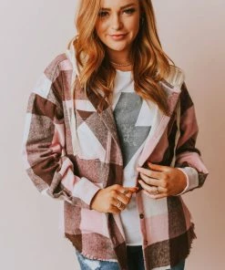 Vendor-unknown Luletta Flannel Hooded Shacket Blush Tops