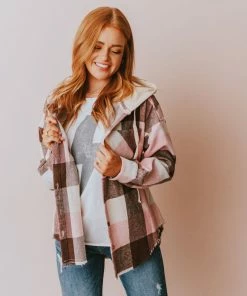 Vendor-unknown Luletta Flannel Hooded Shacket Blush Tops