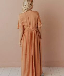 Vendor-unknown Marina Embroidered Maxi Dress Apricot