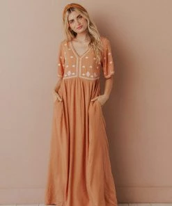 Vendor-unknown Marina Embroidered Maxi Dress Apricot