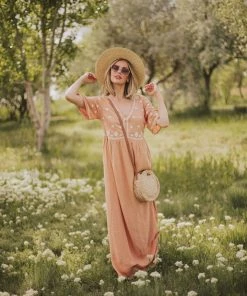 Vendor-unknown Marina Embroidered Maxi Dress Apricot