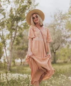 Vendor-unknown Marina Embroidered Maxi Dress Apricot