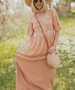 Vendor-unknown Marina Embroidered Maxi Dress Apricot