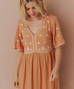 Vendor-unknown Marina Embroidered Maxi Dress Apricot