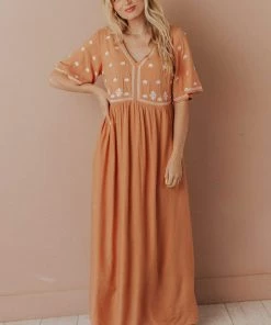 Vendor-unknown Marina Embroidered Maxi Dress Apricot
