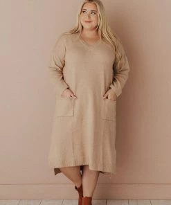 Vendor-unknown Plus Size Mischa Pocket Sweater Dress Camel