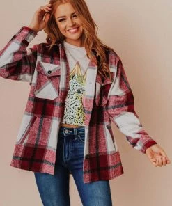 Vendor-unknown Trudy Plaid Shacket Burgundy Tops 10 Vendor-unknown Trudy Plaid Shacket Burgundy Tops