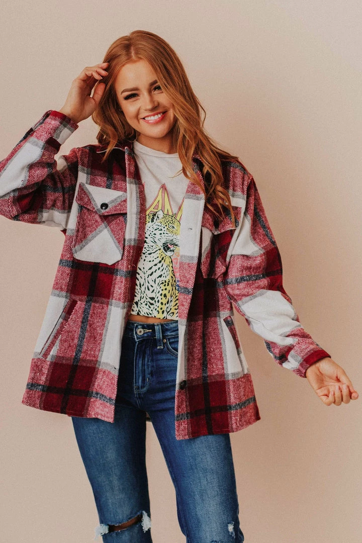 Vendor-unknown Trudy Plaid Shacket Burgundy Tops 4 Vendor-unknown Trudy Plaid Shacket Burgundy Tops