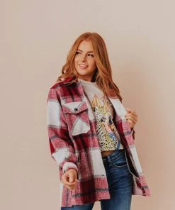 Vendor-unknown Trudy Plaid Shacket Burgundy Tops 12 Vendor-unknown Trudy Plaid Shacket Burgundy Tops