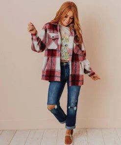 Vendor-unknown Trudy Plaid Shacket Burgundy Tops 11 Vendor-unknown Trudy Plaid Shacket Burgundy Tops