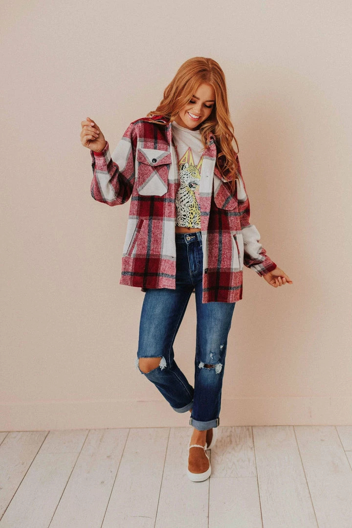 Vendor-unknown Trudy Plaid Shacket Burgundy Tops 5 Vendor-unknown Trudy Plaid Shacket Burgundy Tops