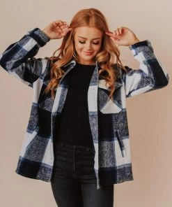 Vendor-unknown Trudy Plaid Shacket Navy Tops