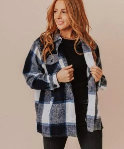 Vendor-unknown Trudy Plaid Shacket Navy Tops