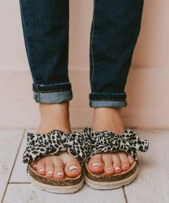 Slip On Bow Sandals Black/Beige Leopard