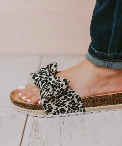 Slip On Bow Sandals Black/Beige Leopard