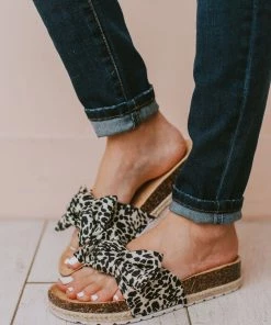 Slip On Bow Sandals Black/Beige Leopard