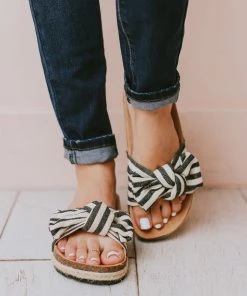 Slip On Bow Sandals Black Stripe Shoes