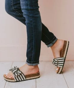 Slip On Bow Sandals Black Stripe Shoes