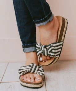 Slip On Bow Sandals Black Stripe Shoes