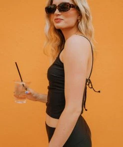 Lucy Avenue Barbados Tie Up Back Top Black