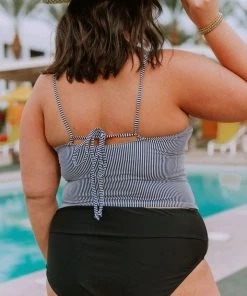 Lucy Avenue Barbados Tie Up Back Top Black & White Pin Stripes