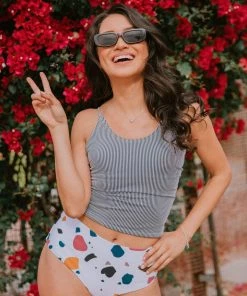 Lucy Avenue Barbados Tie Up Back Top Black & White Pin Stripes