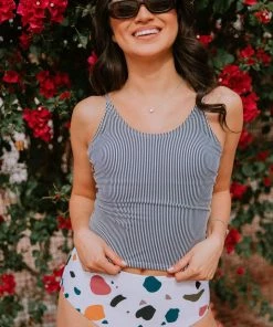 Lucy Avenue Barbados Tie Up Back Top Black & White Pin Stripes