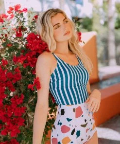 Lucy Avenue Barbados Tie Up Back Top Blue & White Stripes Swim