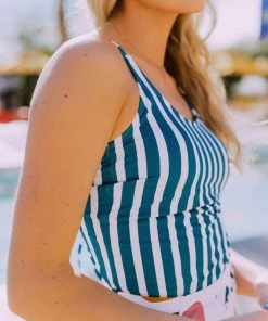 Lucy Avenue Barbados Tie Up Back Top Blue & White Stripes Swim